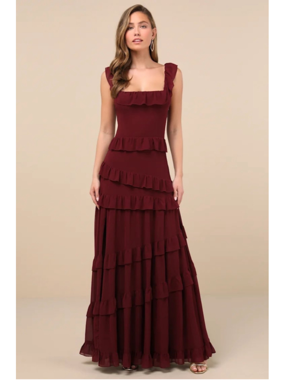 NWT Lulus Compelling Romantic Burgundy Ruffled Tiered Maxi Dress